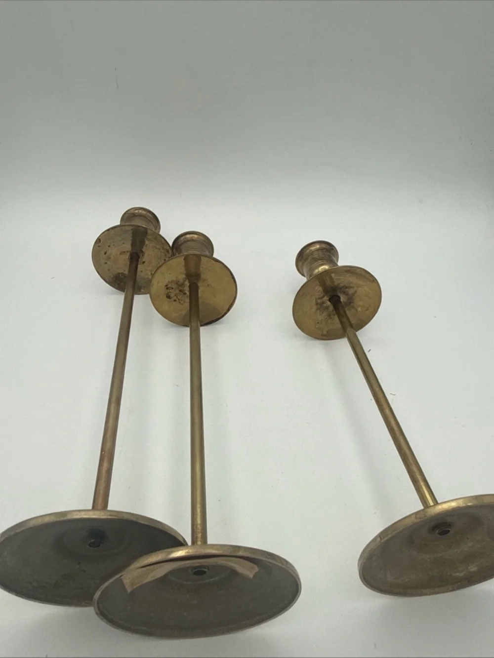 3 VTG Brass graduated MCM Taper Candle Holders Patina 10”, 9”, 8” minimalist